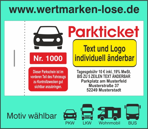 1000 Parktickets "SPEZIAL" -farbig- "Texteindruck und Logo individuell änderbar" [[- inkl. Gestaltungsservice -]]